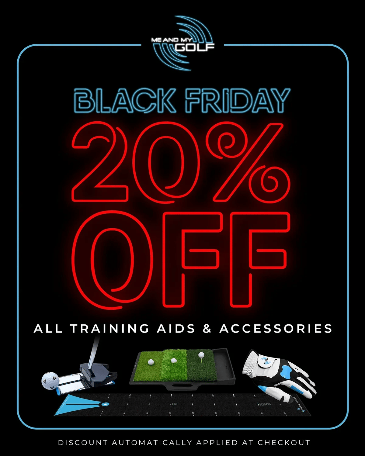 Black Friday promotional poster for golf training aids and accessories with 20% off offer.